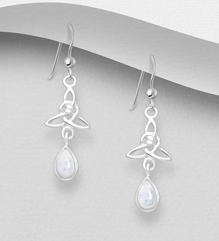 Wholesale 925 Sterling Silver Celtic Hook Earrings, Decorated with Rainbow Moonstones - SKU #781-6622