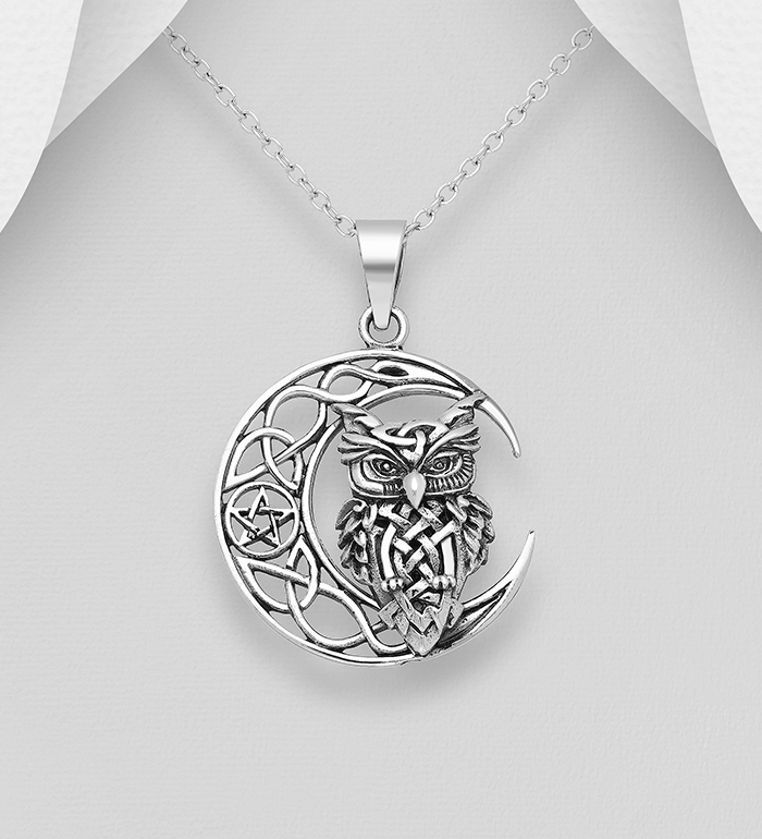 Wholesale 925 Sterling Silver Oxidized Celtic, Moon, Owl and Star Pendant - SKU #767-1380