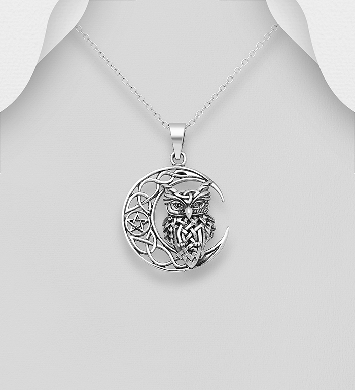 Wholesale 925 Sterling Silver Oxidized Celtic, Moon, Owl and Star Pendant - SKU #767-1380