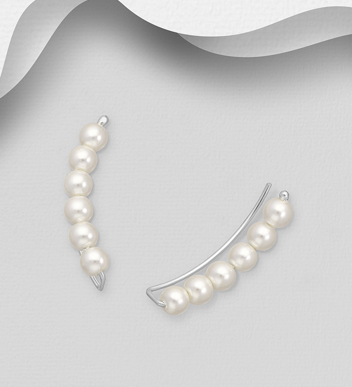 Wholesale 925 Sterling Silver Ear Pins, Beaded with Simulated Pearl - SKU #964-1080