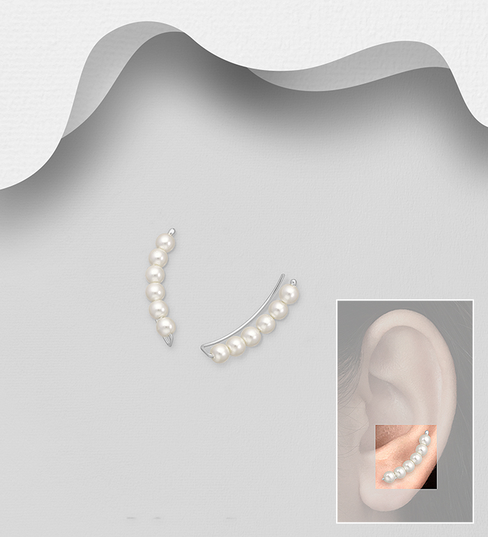 Wholesale 925 Sterling Silver Ear Pins, Beaded with Simulated Pearl - SKU #964-1080