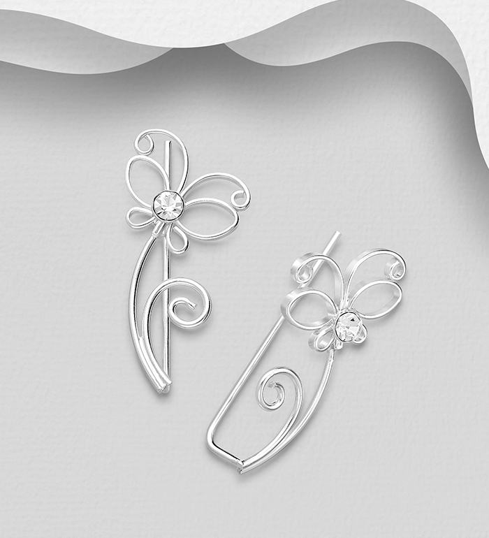 Wholesale 925 Sterling Silver Butterfly Ear Pins, Decorated with Crystal Glass - SKU #578-2773