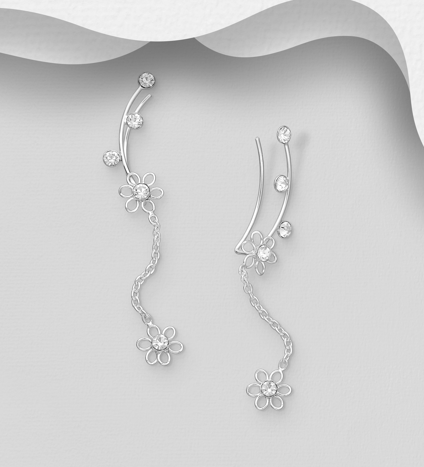 Wholesale 925 Sterling Silver Flower Ear Pins, Decorated with Crystal Glass - SKU #578-2782