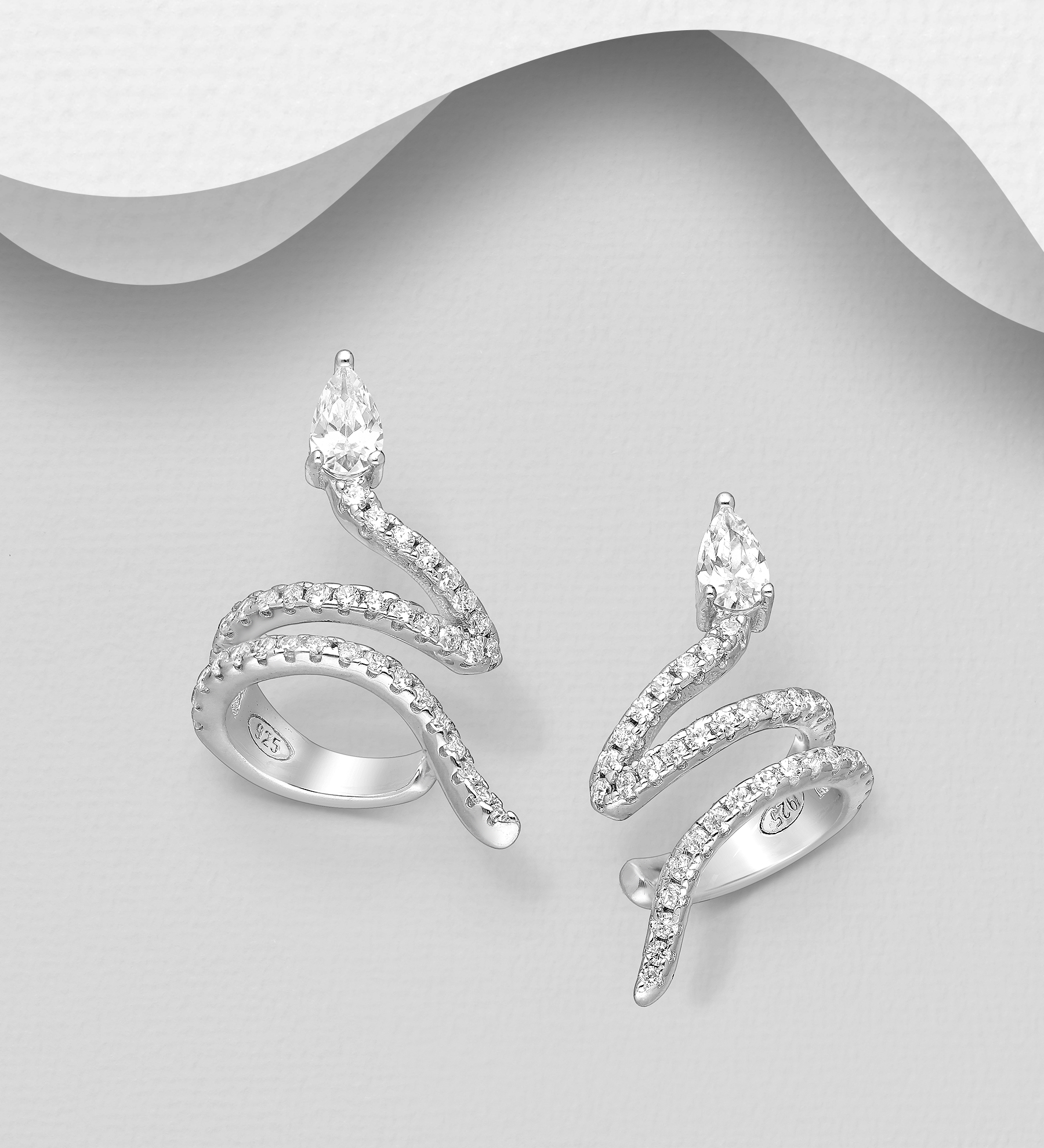 Wholesale 925 Sterling Silver Snake Ear Cuffs, Decorated with CZ Simulated Diamonds - SKU #701-25012