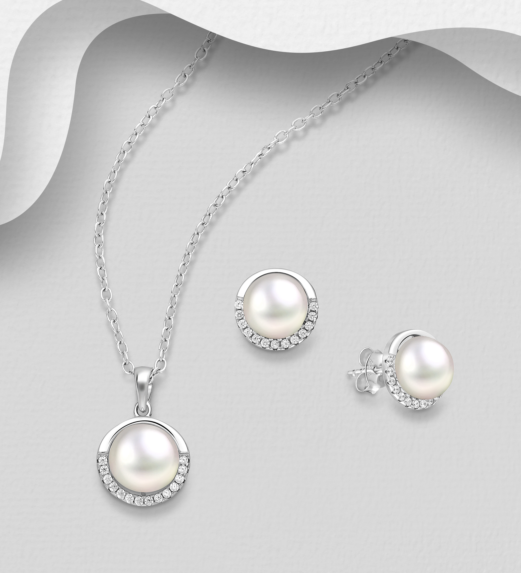 Wholesale 925 Sterling Silver Push-Back Earrings and Pendant Jewelry Set, Decorated with Freshwater Pearls and CZ Simulated Diamonds - SKU #382-5396