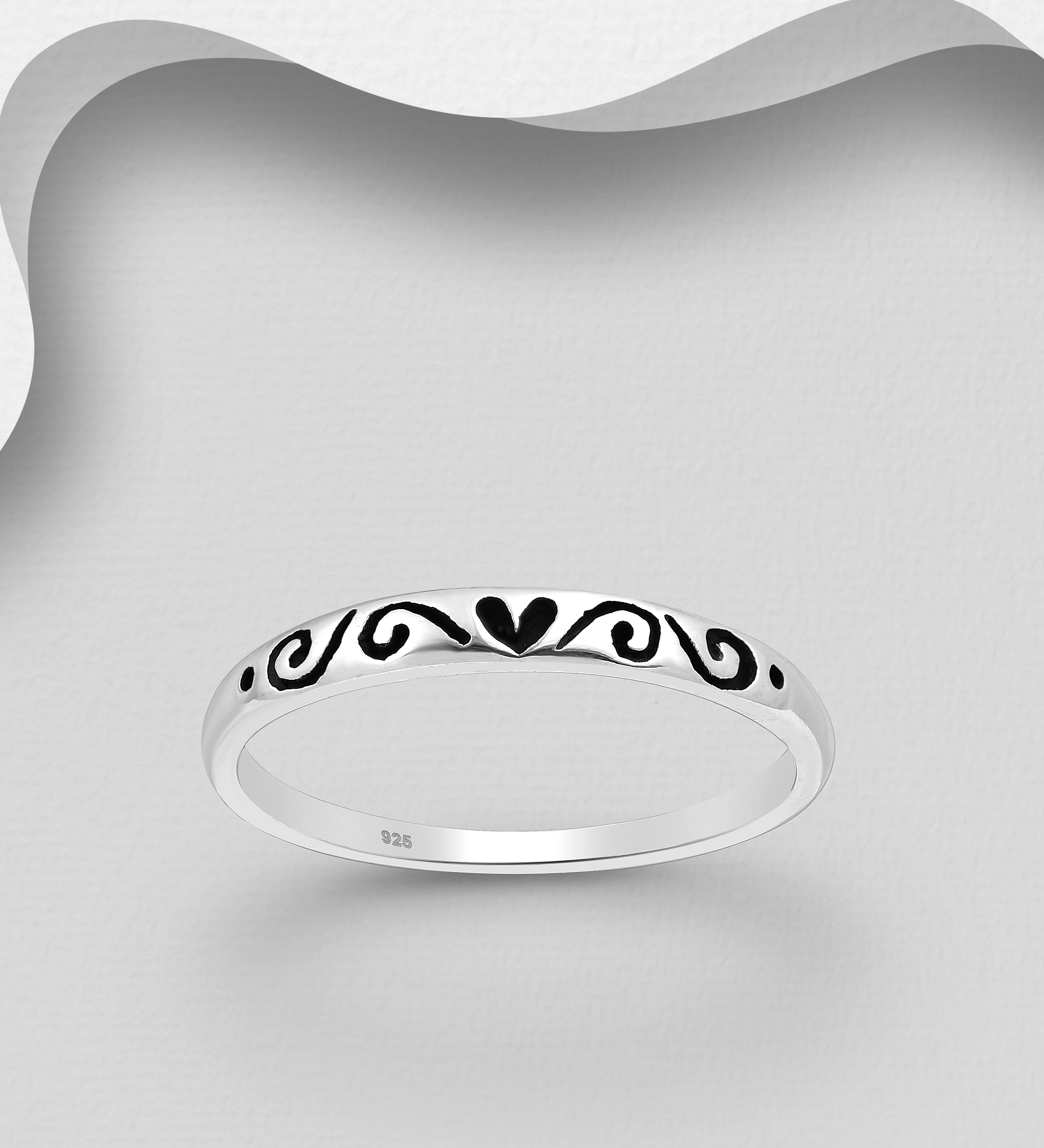 Wholesale 925 Sterling Silver Oxidized Heart and Swirl Ring - SKU #706-32796