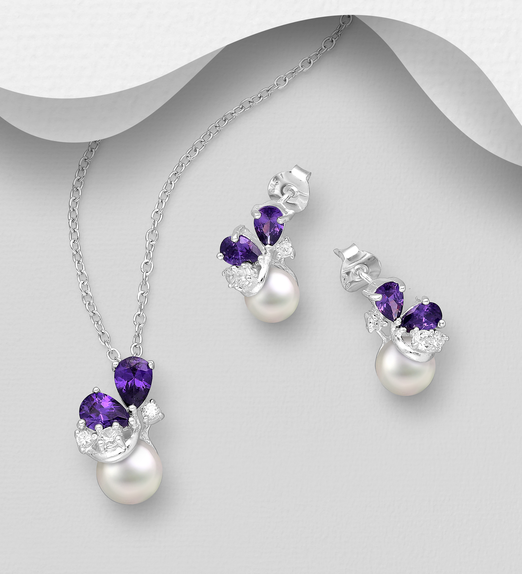 Wholesale 925 Sterling Silver Push-Back Earrings and Pendant Jewelry Set, Decorated with Freshwater Pearls and CZ Simulated Diamonds - SKU #382-5682