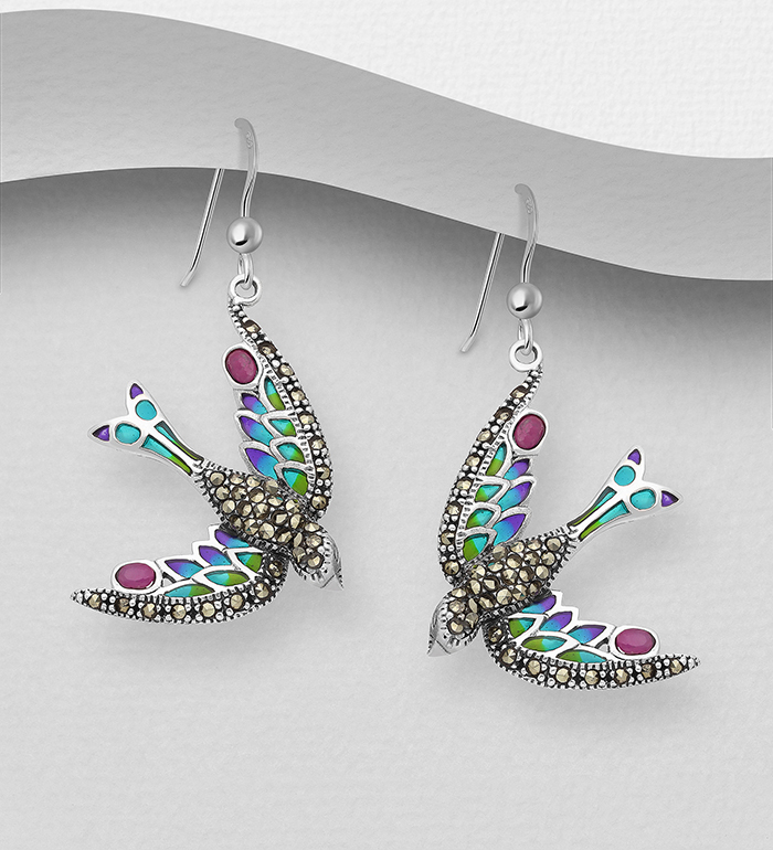 Wholesale 925 Sterling Silver Bird Hook Earrings, Decorated with Colored Enamel, Gemstones and Marcasite - SKU #565-6934
