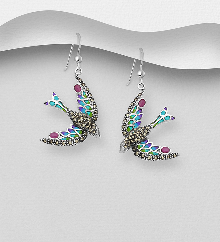 Wholesale 925 Sterling Silver Bird Hook Earrings, Decorated with Colored Enamel, Gemstones and Marcasite - SKU #565-6934