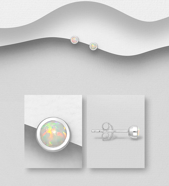 1479-1404 - Wholesale 925 Sterling Silver Circle Push-Back Earrings, Decorated with Lab-Created Opal