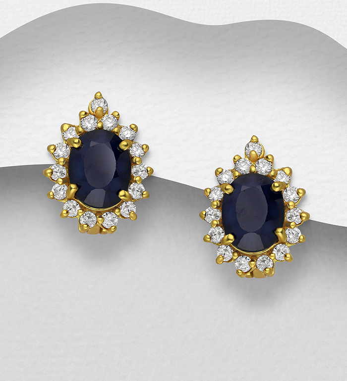 La Preciada - Wholesale 925 Sterling Silver Omega Lock Earrings, Decorated with Blue Sapphire and CZ Simulated Diamonds, Plating 1 Micron 18K Yellow Gold - SKU #1535-1263
