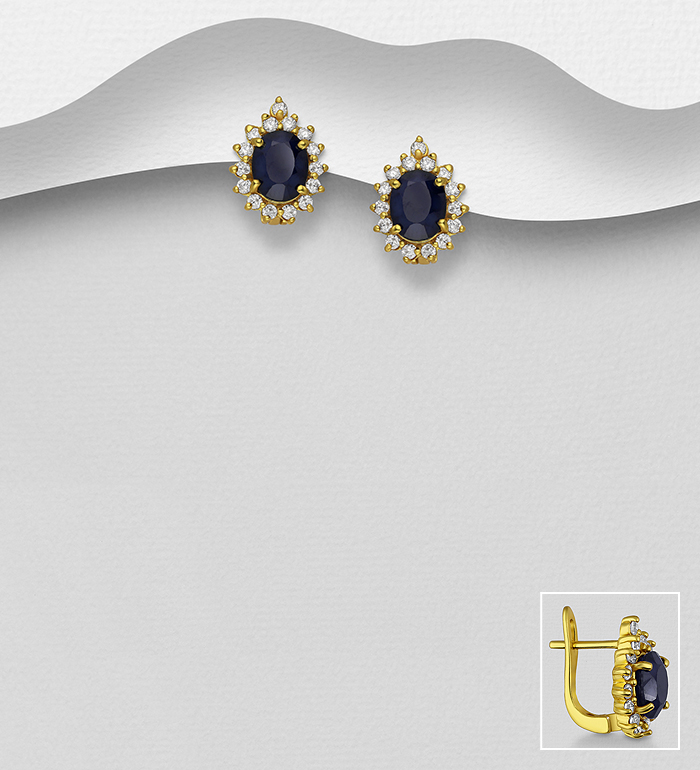 La Preciada - Wholesale 925 Sterling Silver Omega Lock Earrings, Decorated with Blue Sapphire and CZ Simulated Diamonds, Plating 1 Micron 18K Yellow Gold - SKU #1535-1263