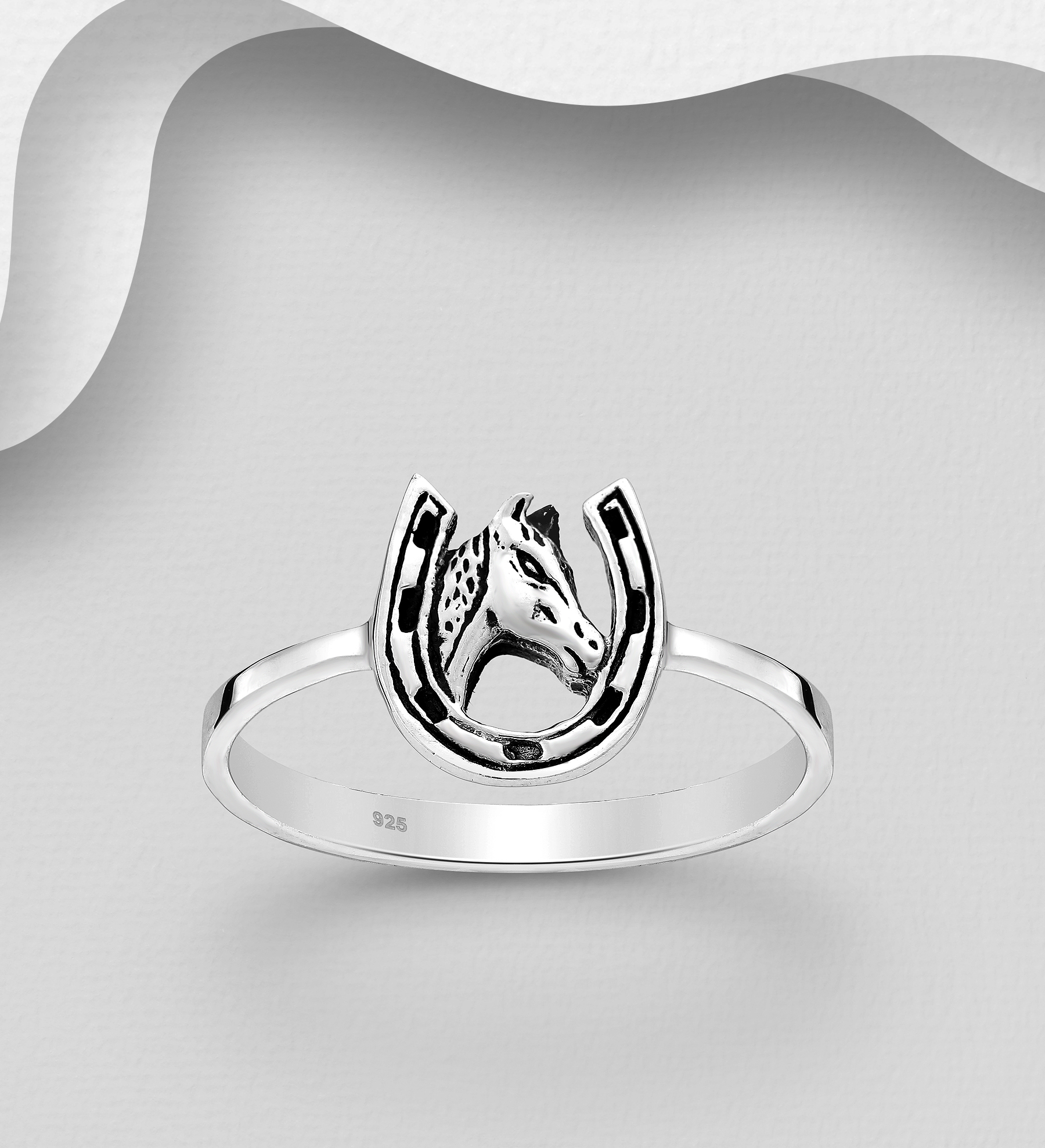 Wholesale 925 Sterling Silver Oxidized Horse and Horseshoe Ring - SKU #706-33121