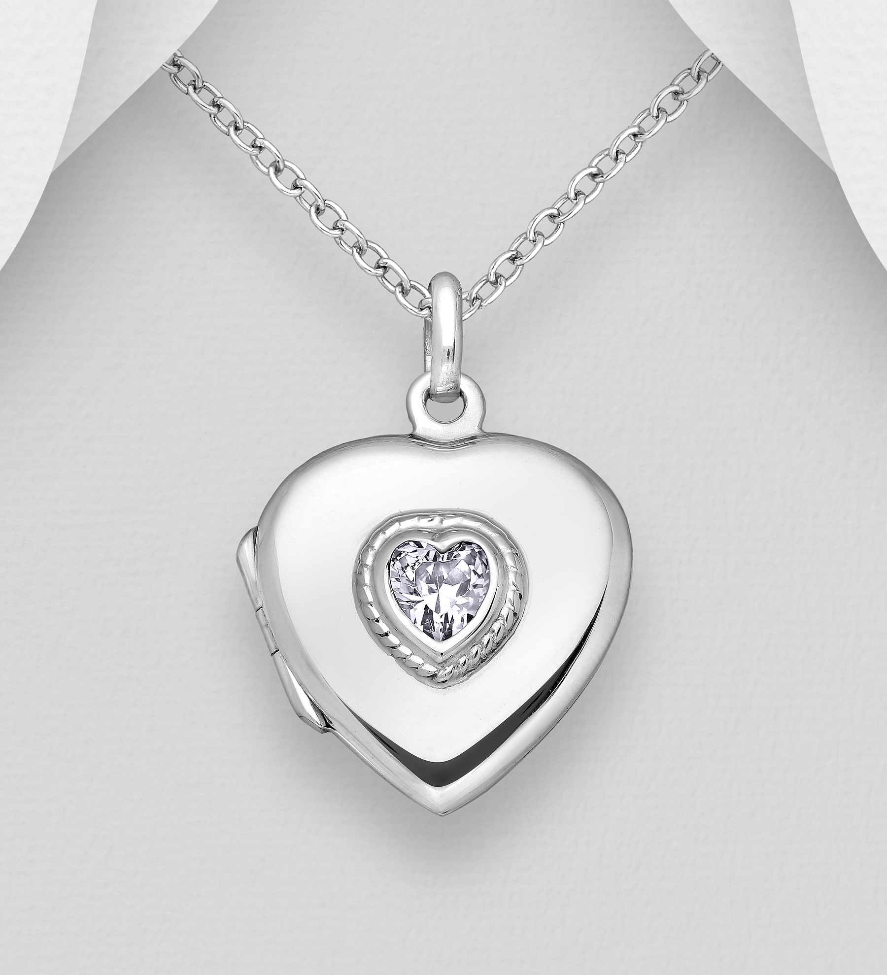 Wholesale 925 Sterling Silver Heart Locket Pendant, Decorated with CZ Simulated Diamond - SKU #701-25156