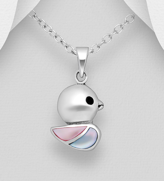 Wholesale 925 Sterling Silver Duck Pendant, Decorated with Shell and Colored Enamel - SKU #789-4066