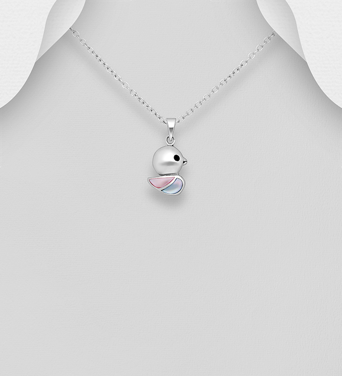 Wholesale 925 Sterling Silver Duck Pendant, Decorated with Shell and Colored Enamel - SKU #789-4066