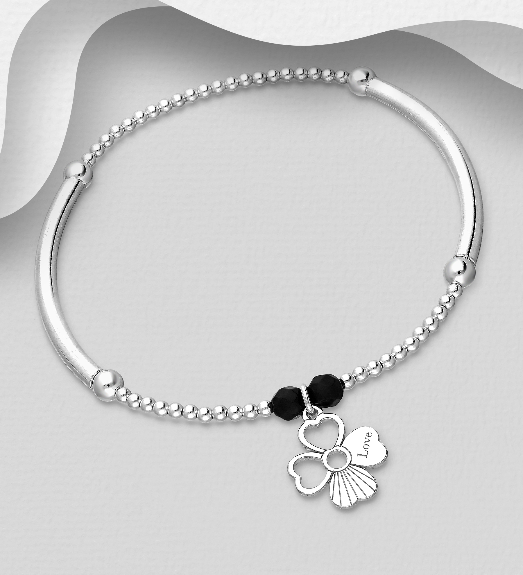 Wholesale 925 Sterling Silver Ball, Flower and Love Bracelet, Beaded with Black Chalcedony - SKU #781-6690