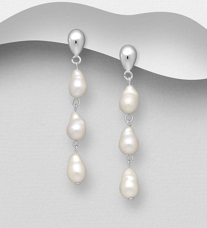 Wholesale 925 Sterling Silver Push-Back Earrings, Beaded with Freshwater Pearls - SKU #382-5709