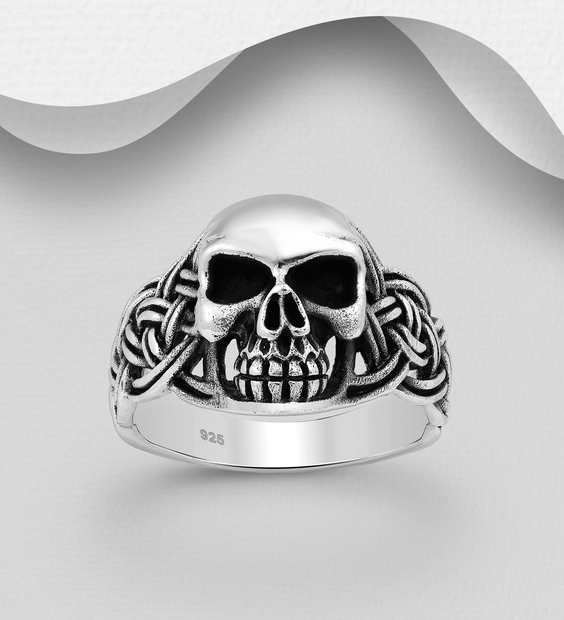Wholesale 925 Sterling Silver Oxidized Celtic and Skull Ring - SKU #768-555