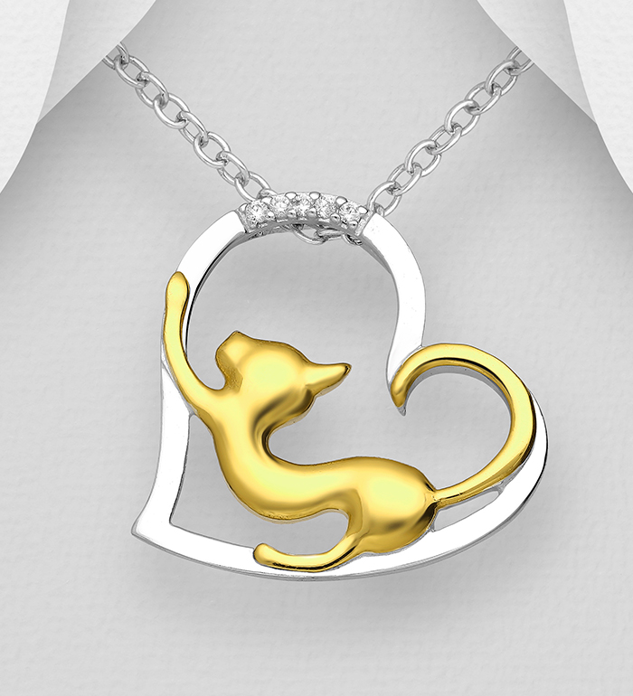 Wholesale 925 Sterling Silver Cat and Heart Pendant, Decorated with CZ Simulated Diamonds, Cat Plated with 1 Micron 14K or 18K Yellow Gold - SKU #1063-3135