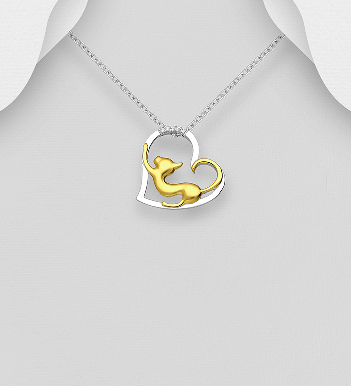 Wholesale 925 Sterling Silver Cat and Heart Pendant, Decorated with CZ Simulated Diamonds, Cat Plated with 1 Micron 14K or 18K Yellow Gold - SKU #1063-3135