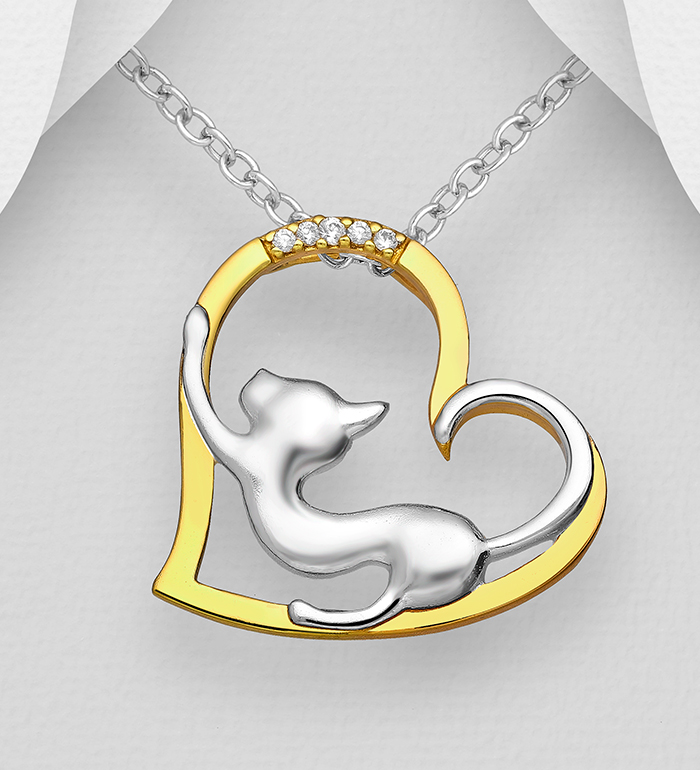 Wholesale 925 Sterling Silver Cat and Heart Pendant, Decorated with CZ Simulated Diamonds, Heart Plated with 1 Micron 14K or 18K Yellow Gold - SKU #1063-3136