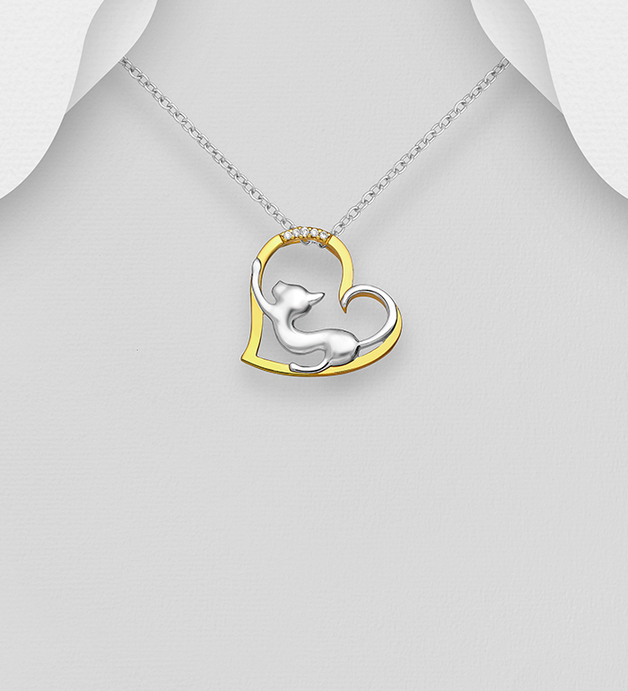 Wholesale 925 Sterling Silver Cat and Heart Pendant, Decorated with CZ Simulated Diamonds, Heart Plated with 1 Micron 14K or 18K Yellow Gold - SKU #1063-3136