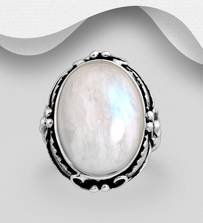 Wholesale 925 Sterling Silver Oxidized Ring, Decorated with Rainbow Moonstone - SKU #781-6712