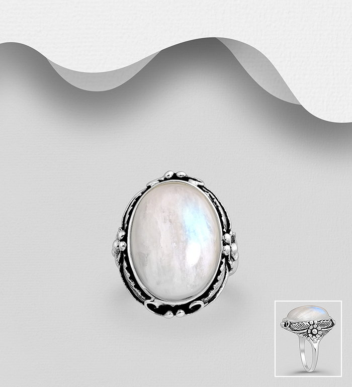 Wholesale 925 Sterling Silver Oxidized Ring, Decorated with Rainbow Moonstone - SKU #781-6712