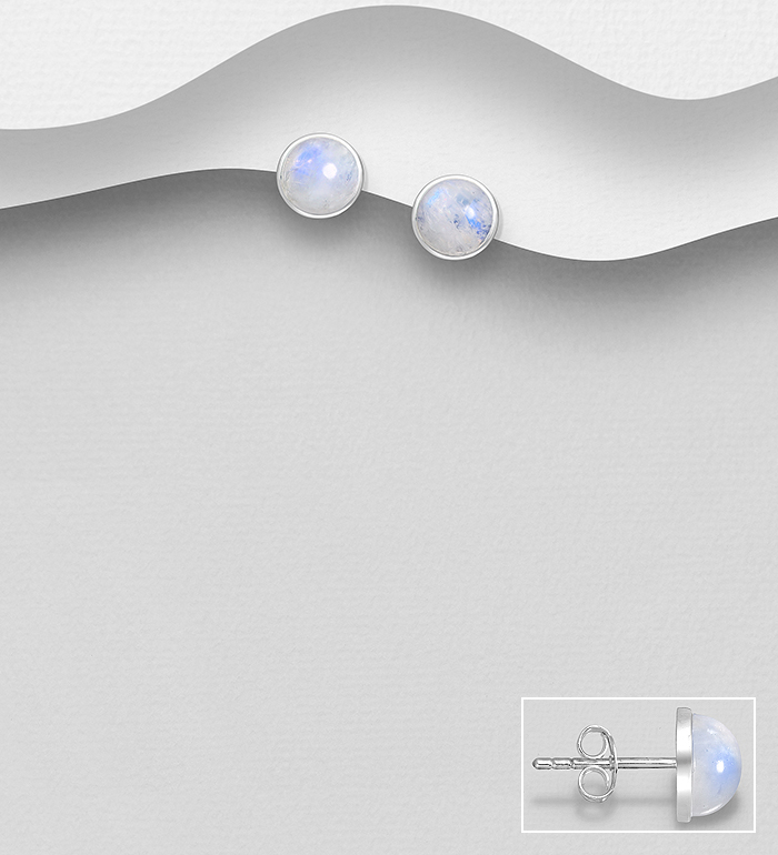 Wholesale 925 Sterling Silver Circle Push-Back Earrings, Decorated with Rainbow Moonstone - SKU #781-6719