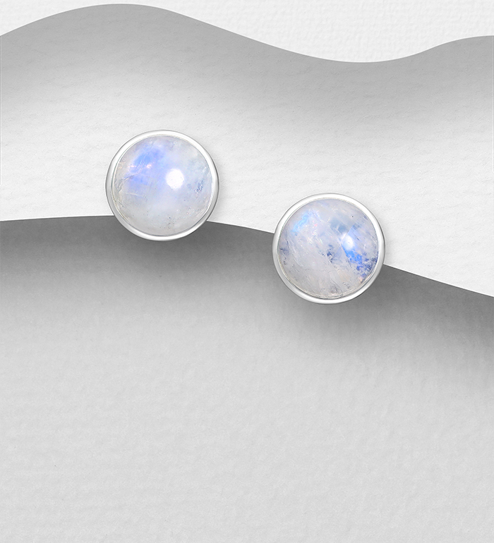 Wholesale 925 Sterling Silver Circle Push-Back Earrings, Decorated with Rainbow Moonstone - SKU #781-6719
