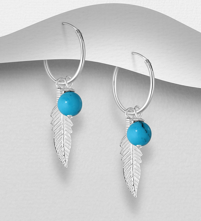 Wholesale 925 Sterling Silver Feather Hoop Earrings, Decorated with Various Gemstone Beads or Reconstructed Sky Blue Turquoise - SKU #781-6720