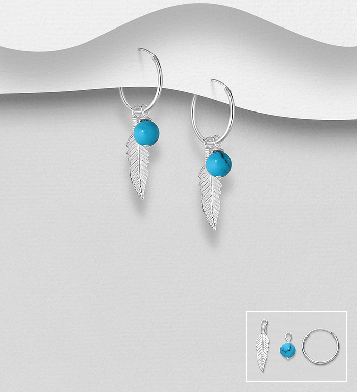 Wholesale 925 Sterling Silver Feather Hoop Earrings, Decorated with Various Gemstone Beads or Reconstructed Sky Blue Turquoise - SKU #781-6720