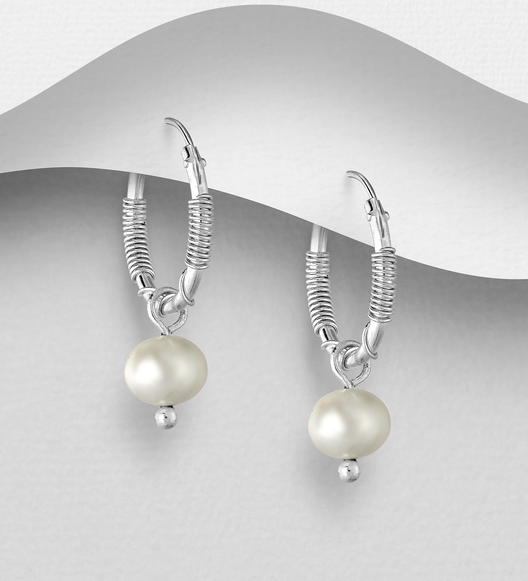 Wholesale 925 Sterling Silver Hoop Earrings, Beaded with Freshwater Pearls - SKU #382-5714