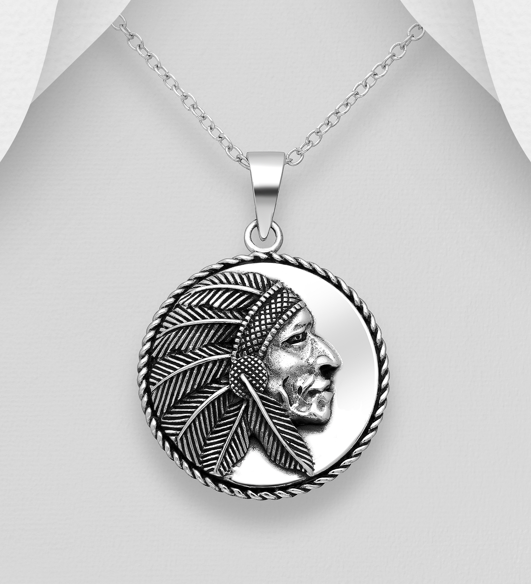 Wholesale 925 Sterling Silver Oxidized Indian Head Pendant - SKU #1563-908