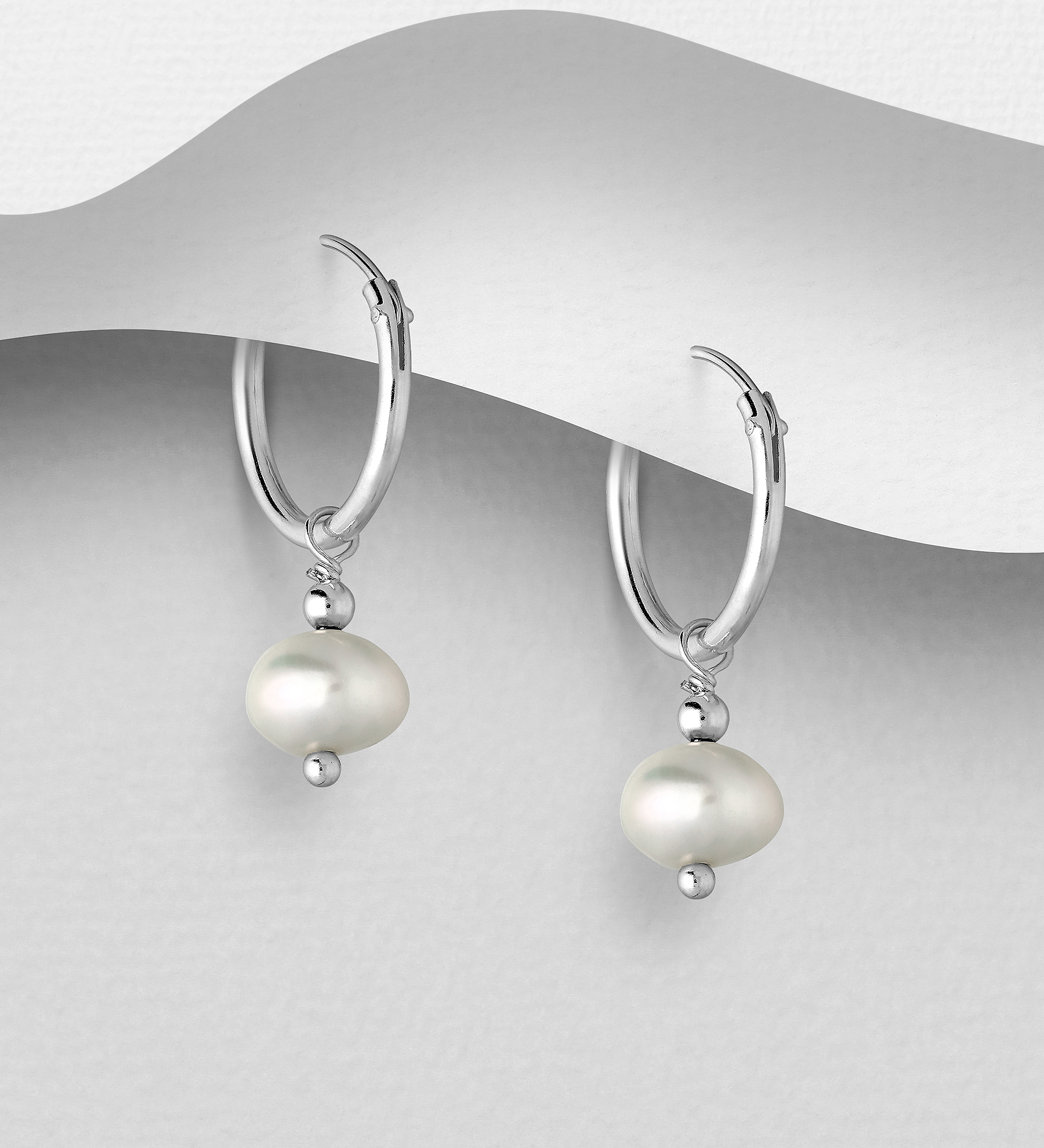 Wholesale 925 Sterling Silver Hoop Earrings, Beaded with Freshwater Pearls - SKU #382-5718