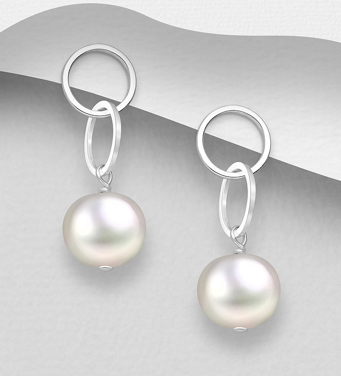 Wholesale 925 Sterling Silver Links Push-Back Earrings, Beaded with Freshwater Pearls - SKU #382-5719