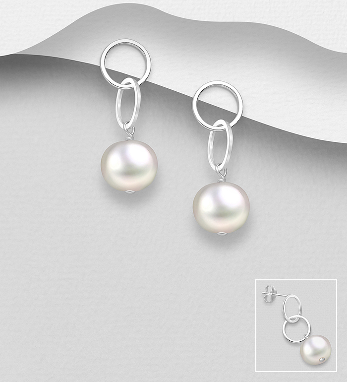 Wholesale 925 Sterling Silver Links Push-Back Earrings, Beaded with Freshwater Pearls - SKU #382-5719