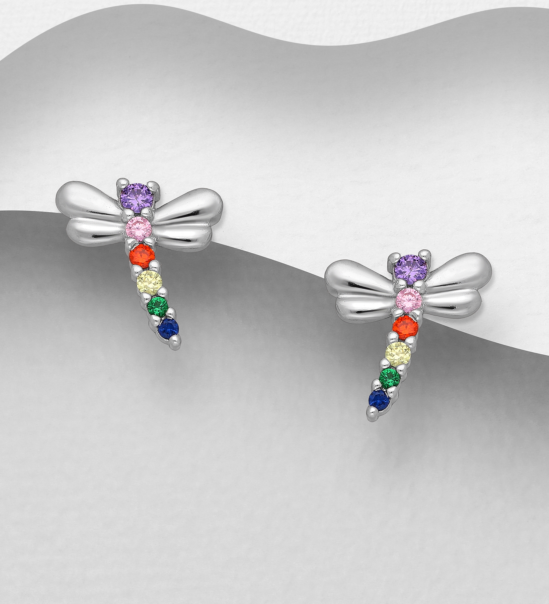 Wholesale 925 Sterling Silver Dragonfly Push-Back Earrings, Decorated with Colorful CZ Simulated Diamonds, Color may vary. - SKU #701-25454
