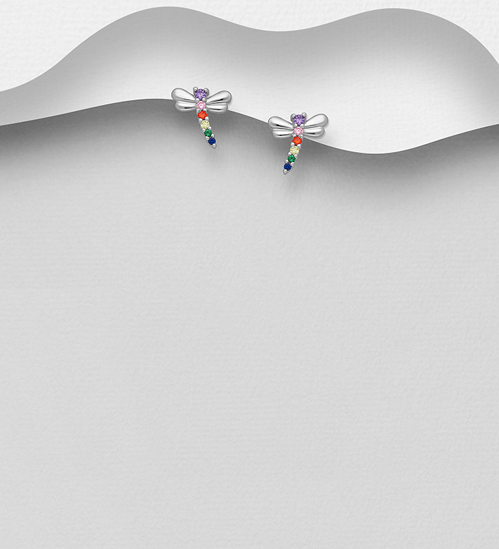 Wholesale 925 Sterling Silver Dragonfly Push-Back Earrings, Decorated with Colorful CZ Simulated Diamonds, Color may vary. - SKU #701-25454