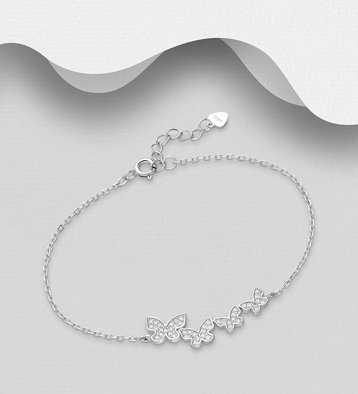 Wholesale 925 Sterling Silver Butterfly Bracelet, Decorated with CZ Simulated Diamonds - SKU #701-25466