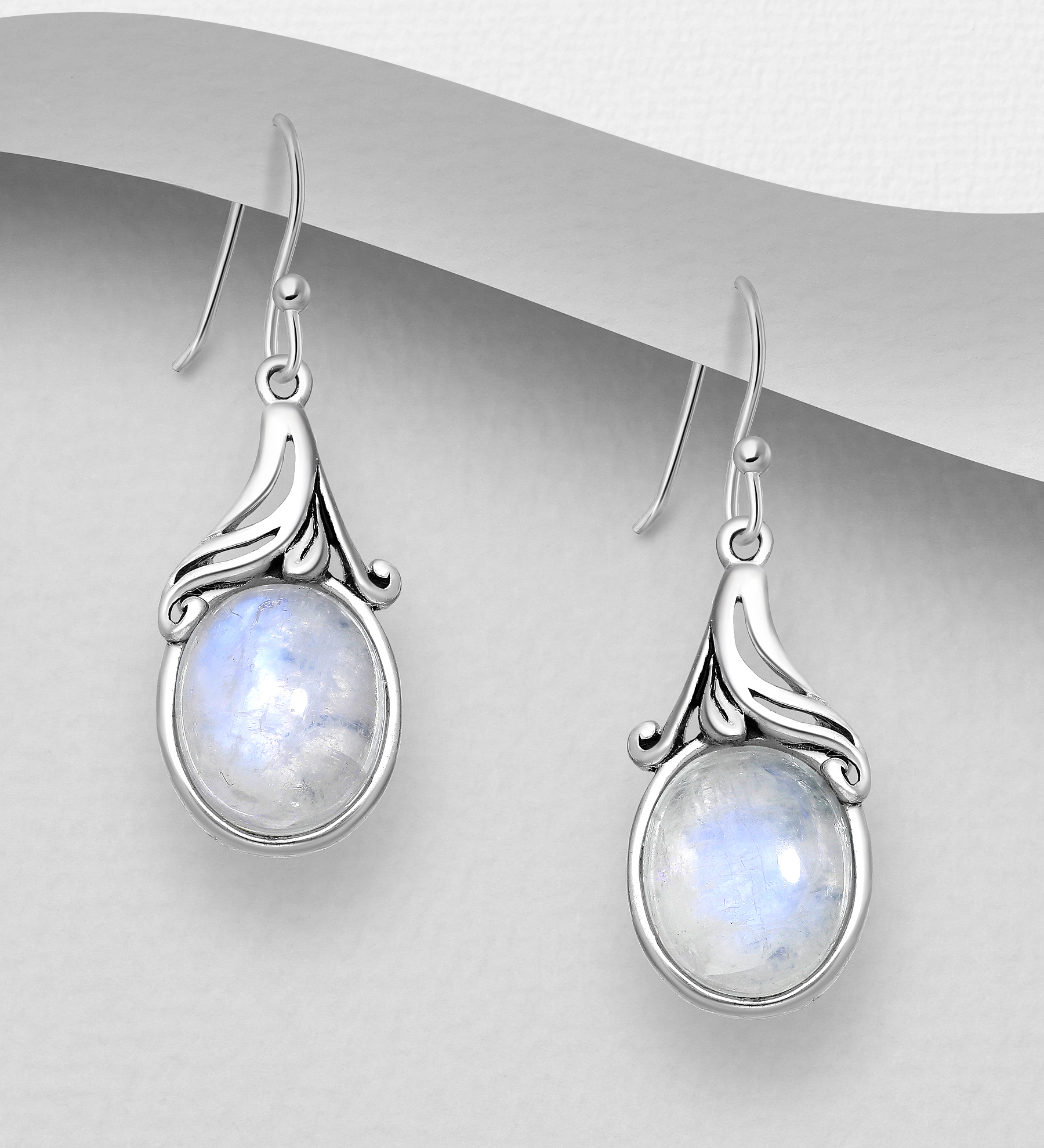 Wholesale 925 Sterling Silver Swirl Hook Earrings, Decorated with Rainbow Moonstone - SKU #781-6733