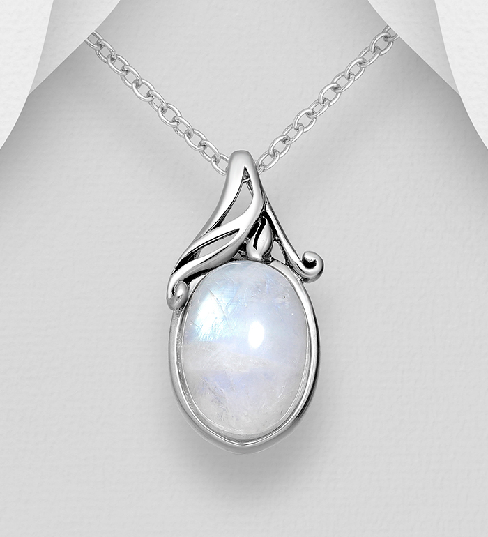 Wholesale 925 Sterling Silver Oxidized Swirl Pendant, Decorated with Rainbow Moonstone - SKU #781-6735