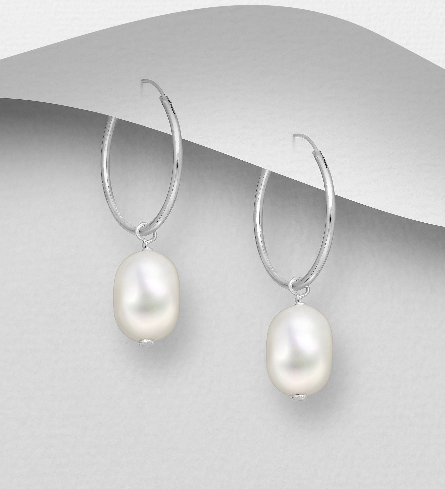 Wholesale 925 Sterling Silver Hoop Earrings, Beaded with Freshwater Pearls, Shape and Size Will Vary. - SKU #382-5738