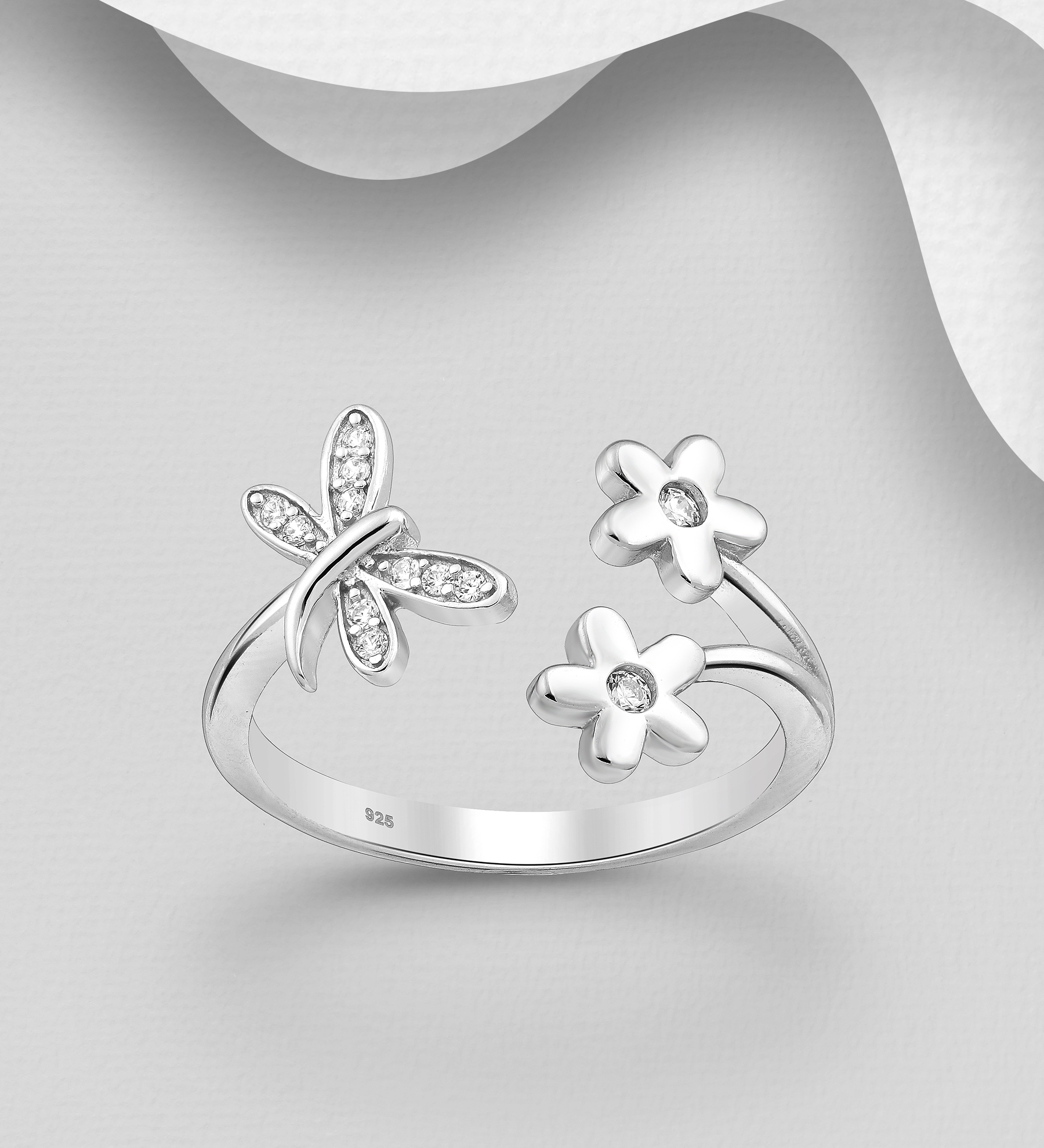 Wholesale 925 Sterling Silver Adjustable Butterfly and Flower Ring, Decorated with CZ Simulated Diamonds - SKU #701-25518