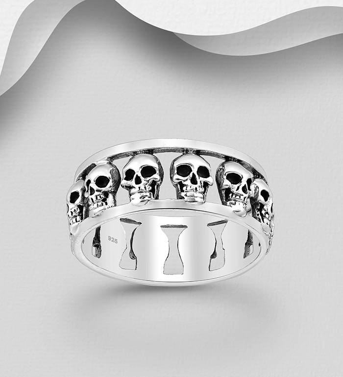 Wholesale 925 Sterling Silver Oxidized Skull Band Ring, 8 mm Wide - SKU #768-567