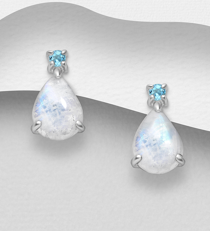 La Preciada - Wholesale 925 Sterling Silver Droplet Push-Back Earrings, Decorated with Rainbow Moonstone and Sky-Blue Topaz - SKU #1181-4254