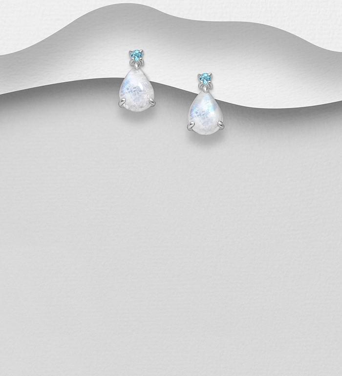 La Preciada - Wholesale 925 Sterling Silver Droplet Push-Back Earrings, Decorated with Rainbow Moonstone and Sky-Blue Topaz - SKU #1181-4254