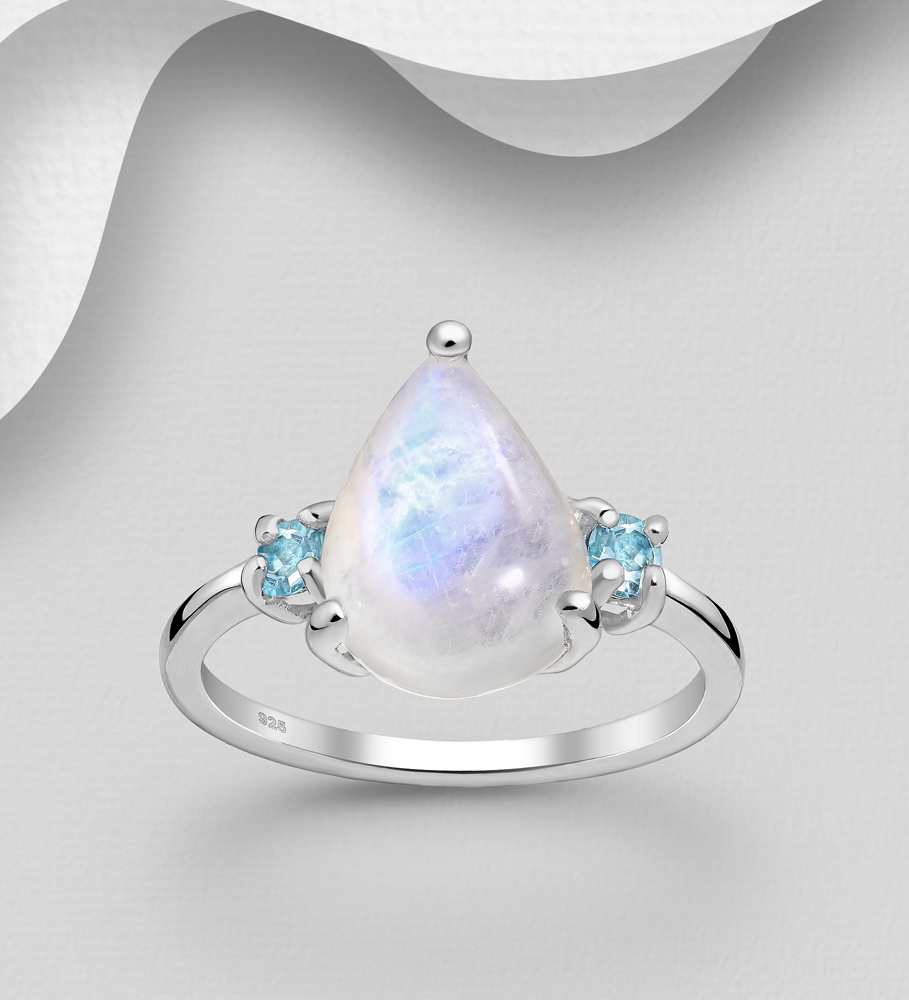 La Preciada - Wholesale 925 Sterling Silver Droplet Ring, Decorated with Rainbow Moonstone and Sky-Blue Topaz - SKU #1181-4255