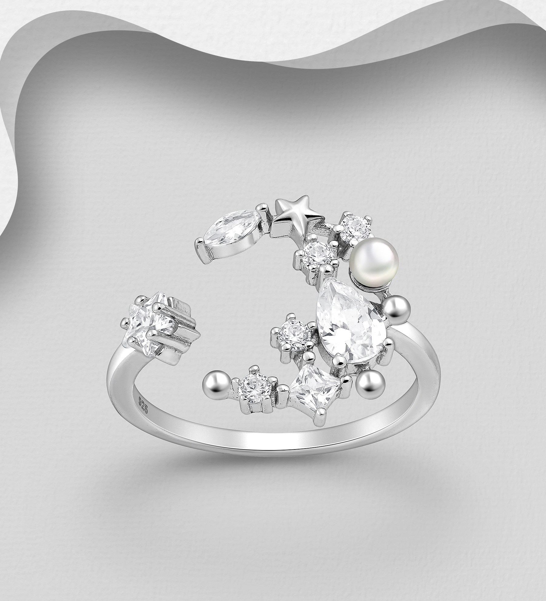 Wholesale 925 Sterling Silver Moon Ring, Decorated with Simulated Pearl and CZ Simulated Diamonds - SKU #964-1107